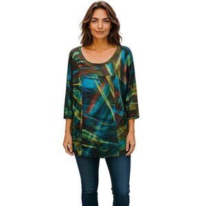 Johnny Was Biya Top Tunic Rayon Silk Watercolor Oversized Long Sleeve XS